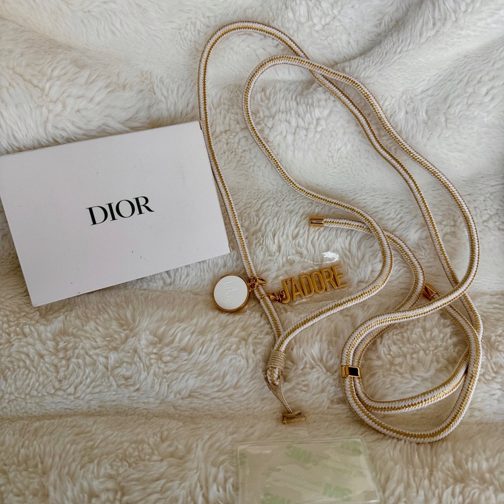 DIOR Phone Ring / Adjustable Strap Gold & White Rope Lanyard with J'ADORE Charms